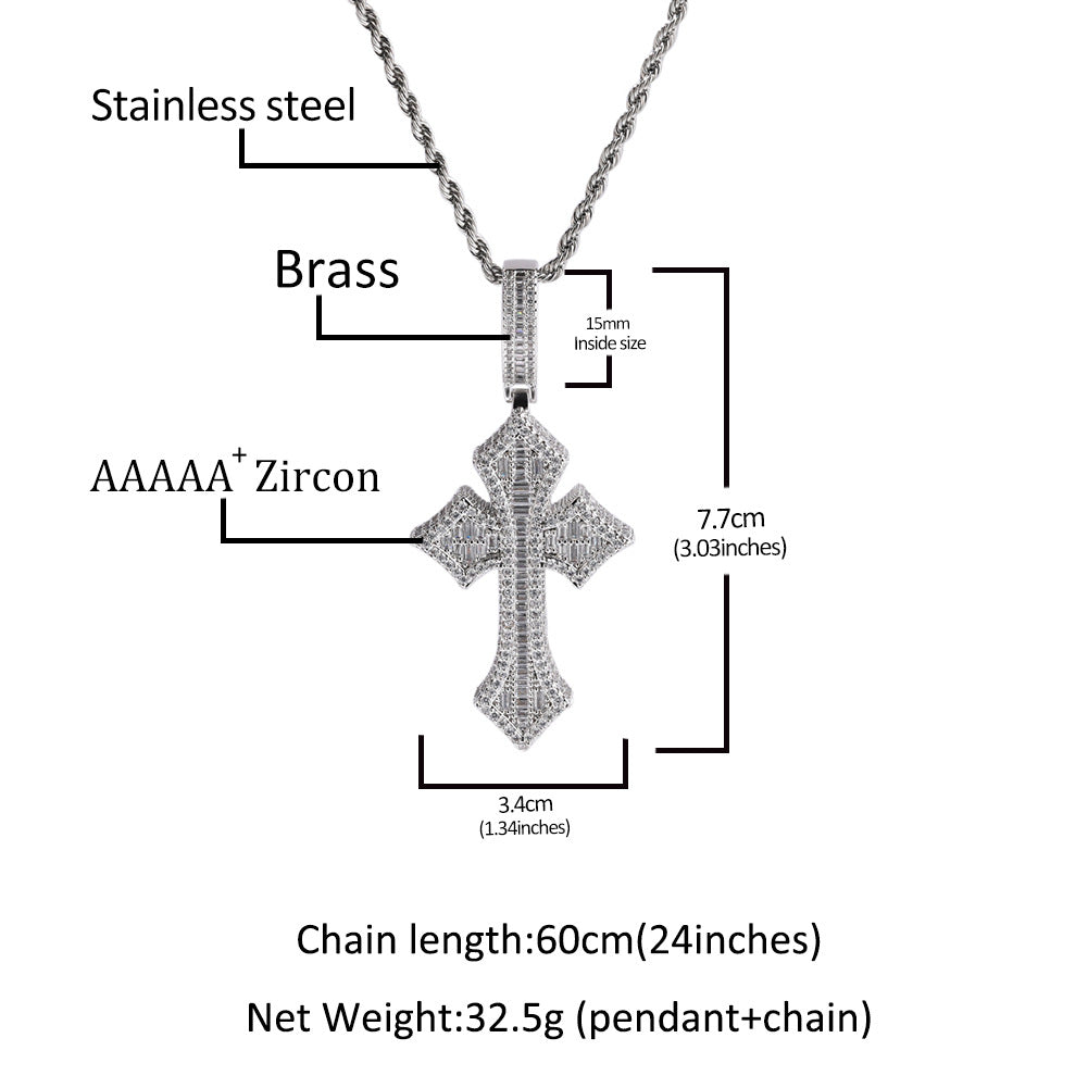 Cross diamond pendant necklace, trendy hip-hop style unisex copper inlaid zircon necklace