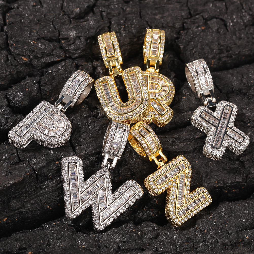 Hip hop new rock sugar block zircon English letter pendant necklace, fashionable design diamond necklace