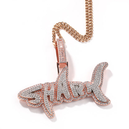 New two-color shark letter hip-hop necklace with zircon inlay for men's and women's fashionable, personalized and versatile pendant necklace