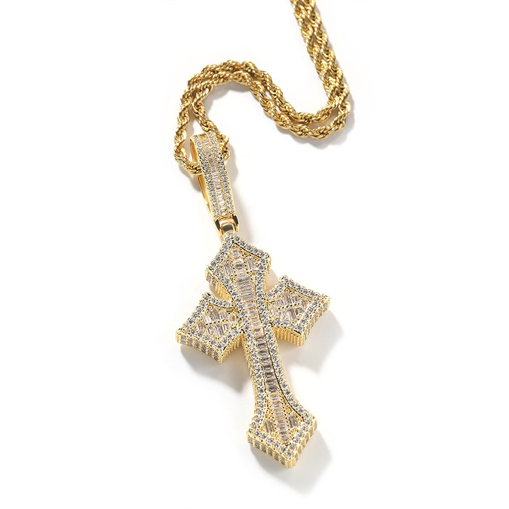 Cross diamond pendant necklace, trendy hip-hop style unisex copper inlaid zircon necklace