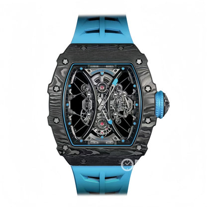 Montre Tourbillon Carbon JBF Best Edition RM53-01 avec cadran squelette sur bracelet en caoutchouc bleu