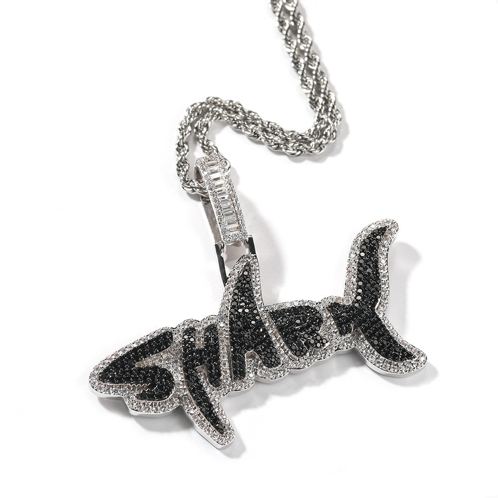 New two-color shark letter hip-hop necklace with zircon inlay for men's and women's fashionable, personalized and versatile pendant necklace