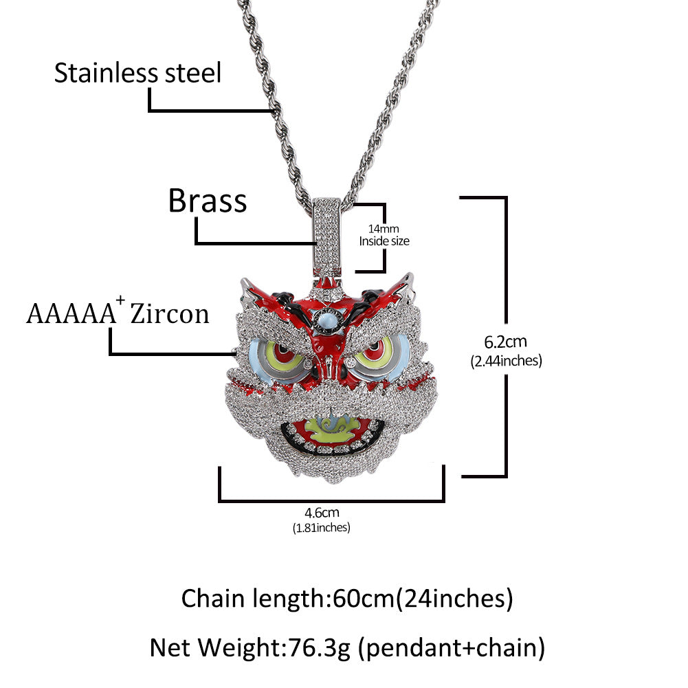 Chinese style new retro creative lion pendant necklace, hip-hop copper inlaid zircon colored lion head necklace