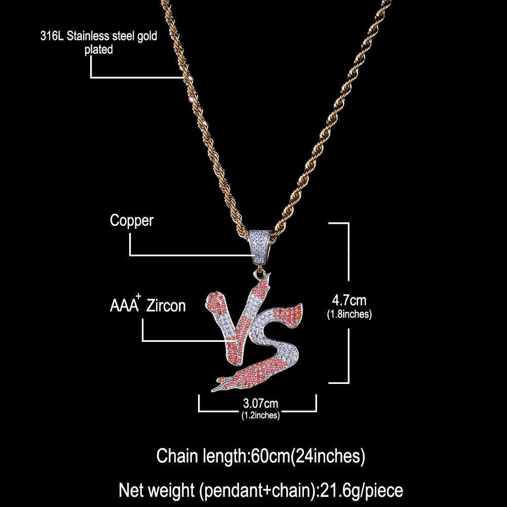 VS letter pendant necklace, copper inlaid zircon necklace, personalized, fashionable