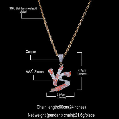 VS letter pendant necklace, copper inlaid zircon necklace, personalized, fashionable