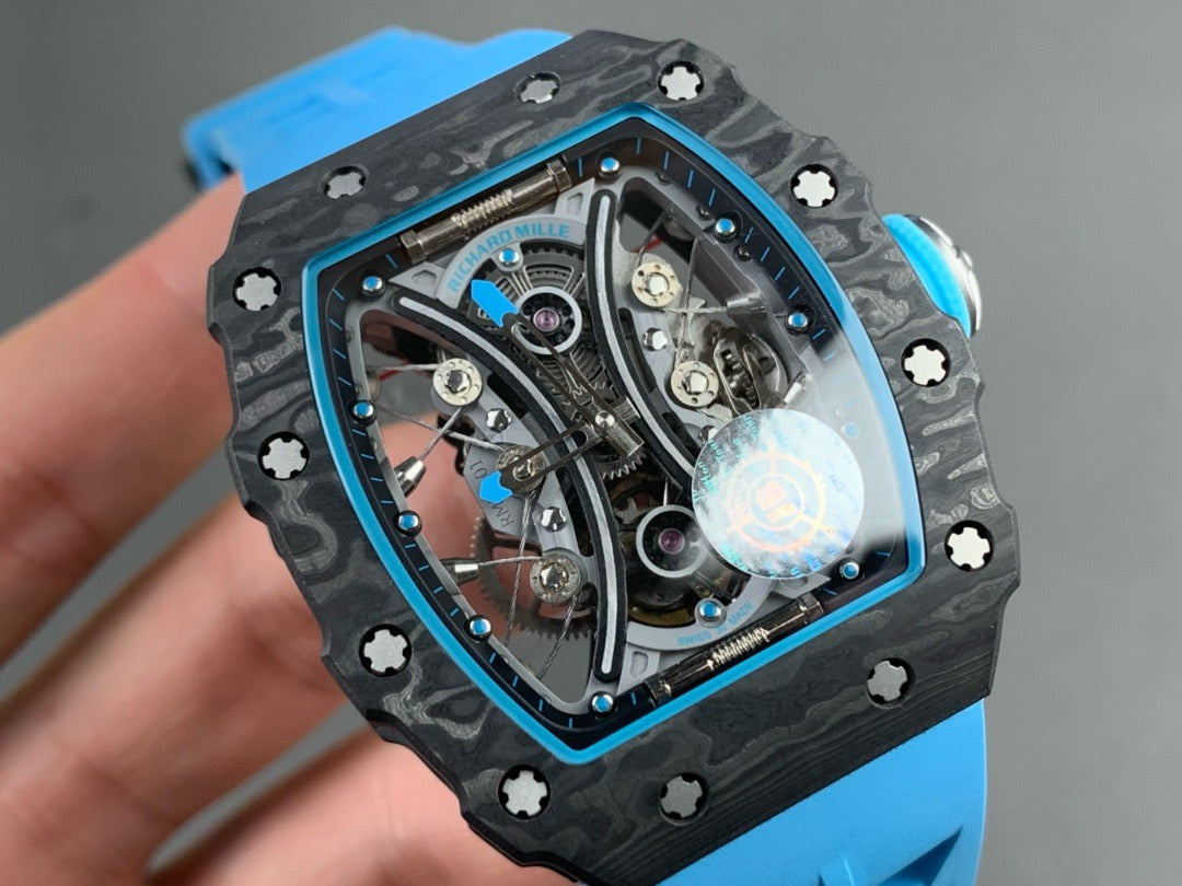 Montre Tourbillon Carbon JBF Best Edition RM53-01 avec cadran squelette sur bracelet en caoutchouc bleu