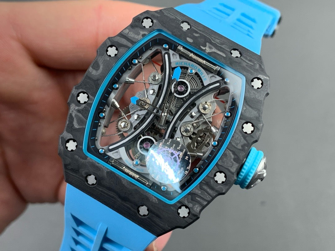 Montre Tourbillon Carbon JBF Best Edition RM53-01 avec cadran squelette sur bracelet en caoutchouc bleu