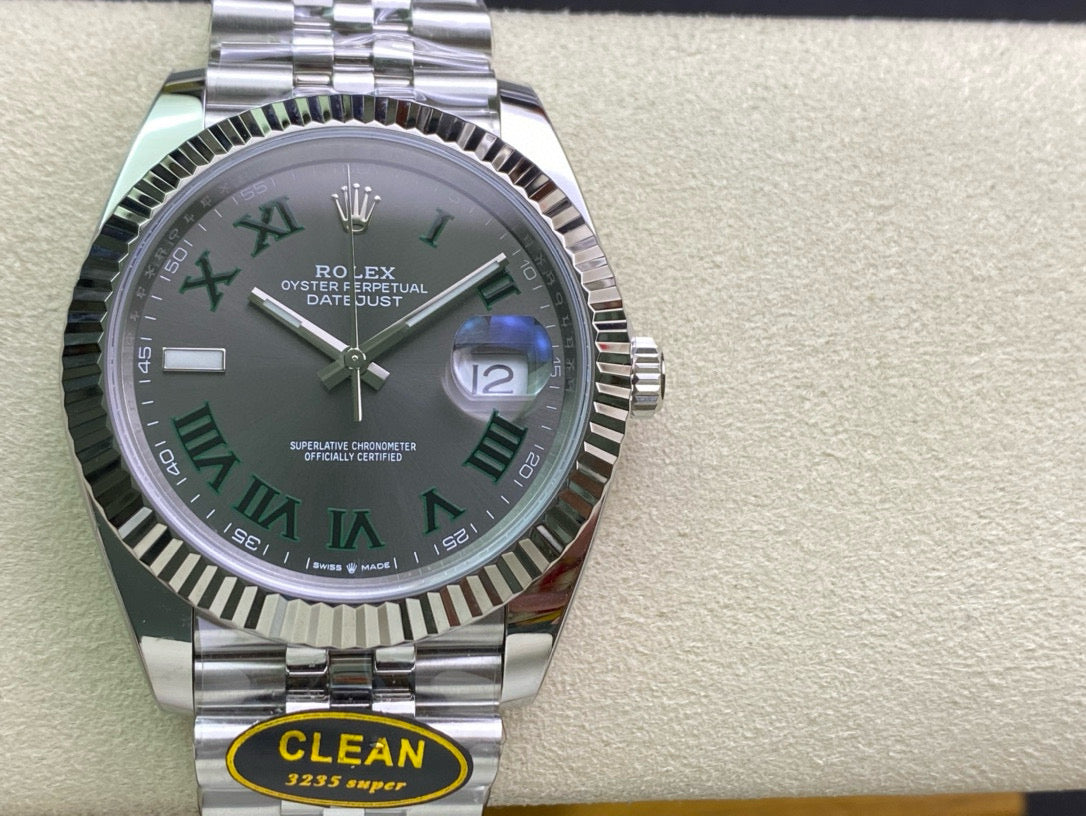 Datejust 41 SS 904L Steel Clean 1:1 Best Edition Gray Dial Green Roman on SS Bracelet VR3235