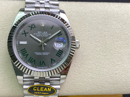 Datejust 41 SS 904L Steel Clean 1:1 Best Edition Gray Dial Green Roman on SS Bracelet VR3235