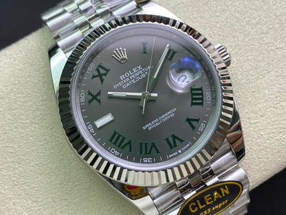 Datejust 41 SS 904L Steel Clean 1:1 Best Edition Gray Dial Green Roman on SS Bracelet VR3235