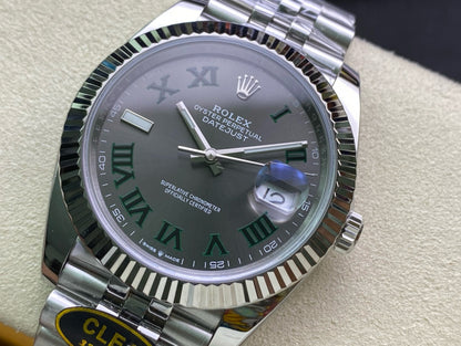 Datejust 41 SS 904L Steel Clean 1:1 Best Edition Gray Dial Green Roman on SS Bracelet VR3235