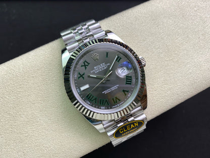 Datejust 41 SS 904L Steel Clean 1:1 Best Edition Gray Dial Green Roman on SS Bracelet VR3235