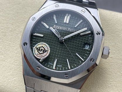 Royal Oak 15510 SS APSF 1:1 Best Edition Green Dial on SS Bracelet SA4302 Super Clone V2 (SW Dial)