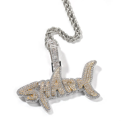 New two-color shark letter hip-hop necklace with zircon inlay for men's and women's fashionable, personalized and versatile pendant necklace