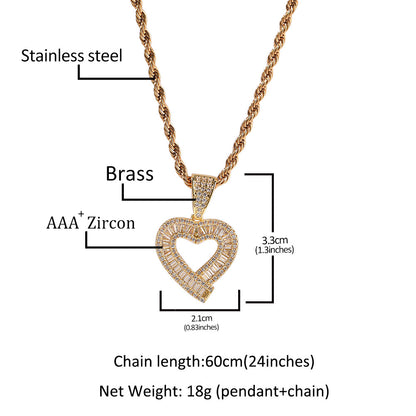 New T-shaped diamond heart-shaped pendant necklace, personalized and trendy copper inlaid zircon heart-shaped necklace for couples