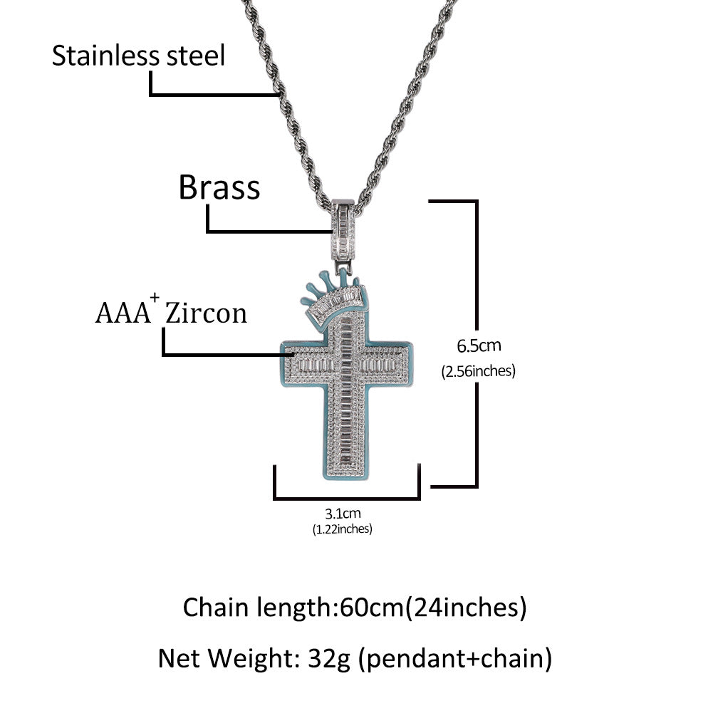 Crown cross shaped luminous diamond inlaid pendant necklace, copper inlaid zircon pendant necklace, fashionable and neutral couple style