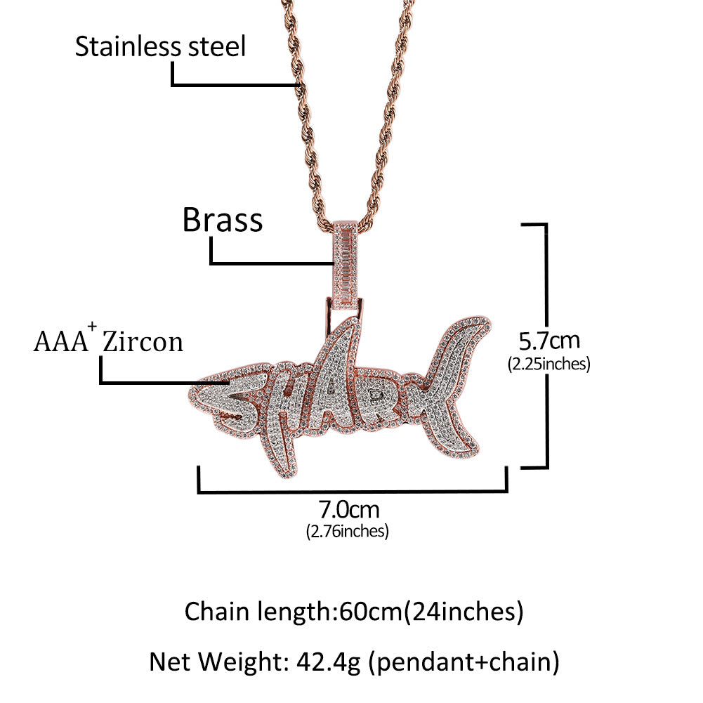 New two-color shark letter hip-hop necklace with zircon inlay for men's and women's fashionable, personalized and versatile pendant necklace