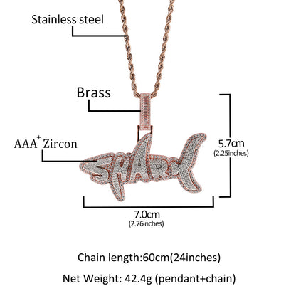 New two-color shark letter hip-hop necklace with zircon inlay for men's and women's fashionable, personalized and versatile pendant necklace