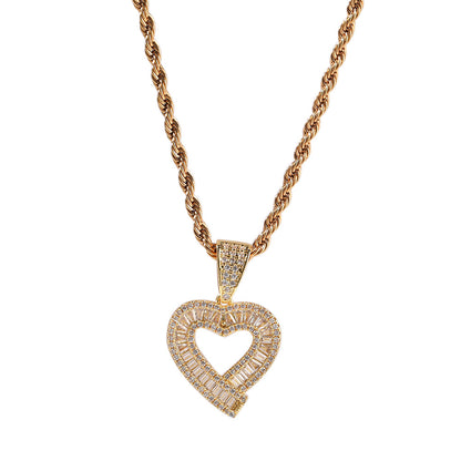 New T-shaped diamond heart-shaped pendant necklace, personalized and trendy copper inlaid zircon heart-shaped necklace for couples