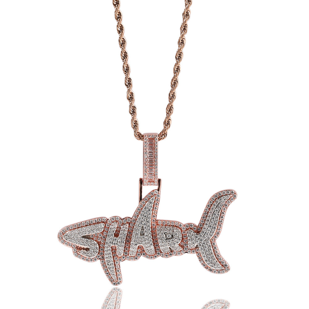 New two-color shark letter hip-hop necklace with zircon inlay for men's and women's fashionable, personalized and versatile pendant necklace