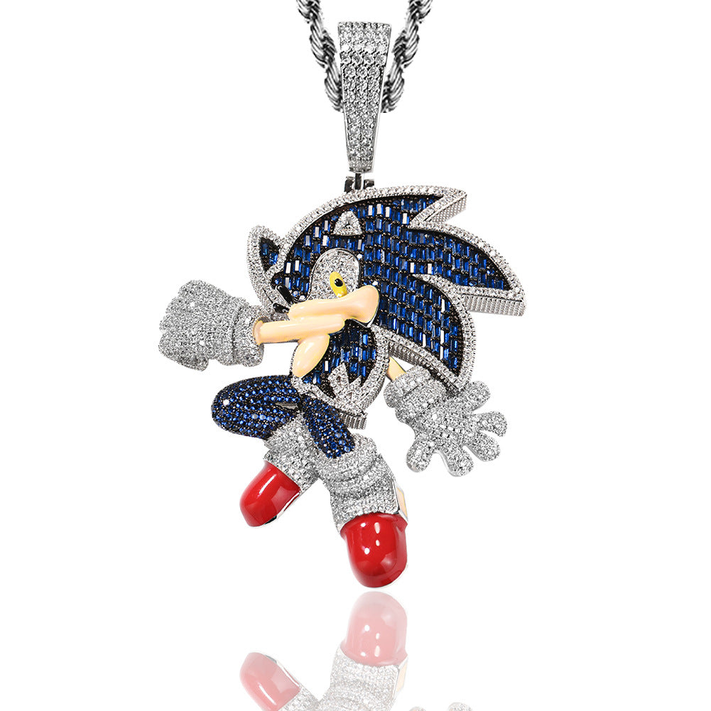 Classic cartoon character Sonic the Hedgehog, copper set zircon diamond pendant necklace