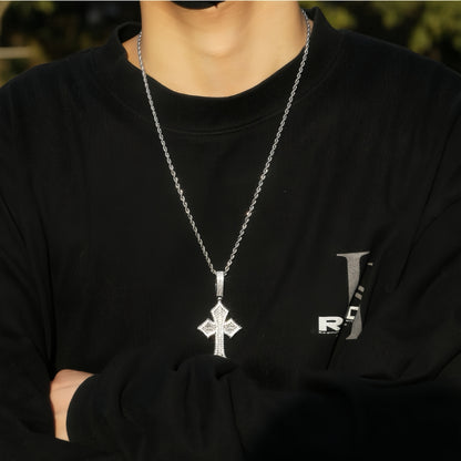 Cross diamond pendant necklace, trendy hip-hop style unisex copper inlaid zircon necklace