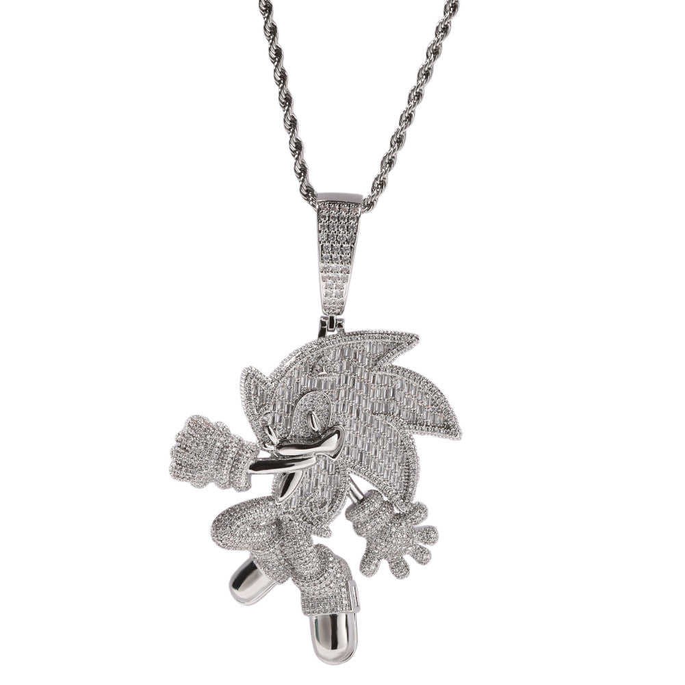 Collier avec pendentif en diamant zircon serti de cuivre et personnage de dessin animé classique Sonic the Hedgehog