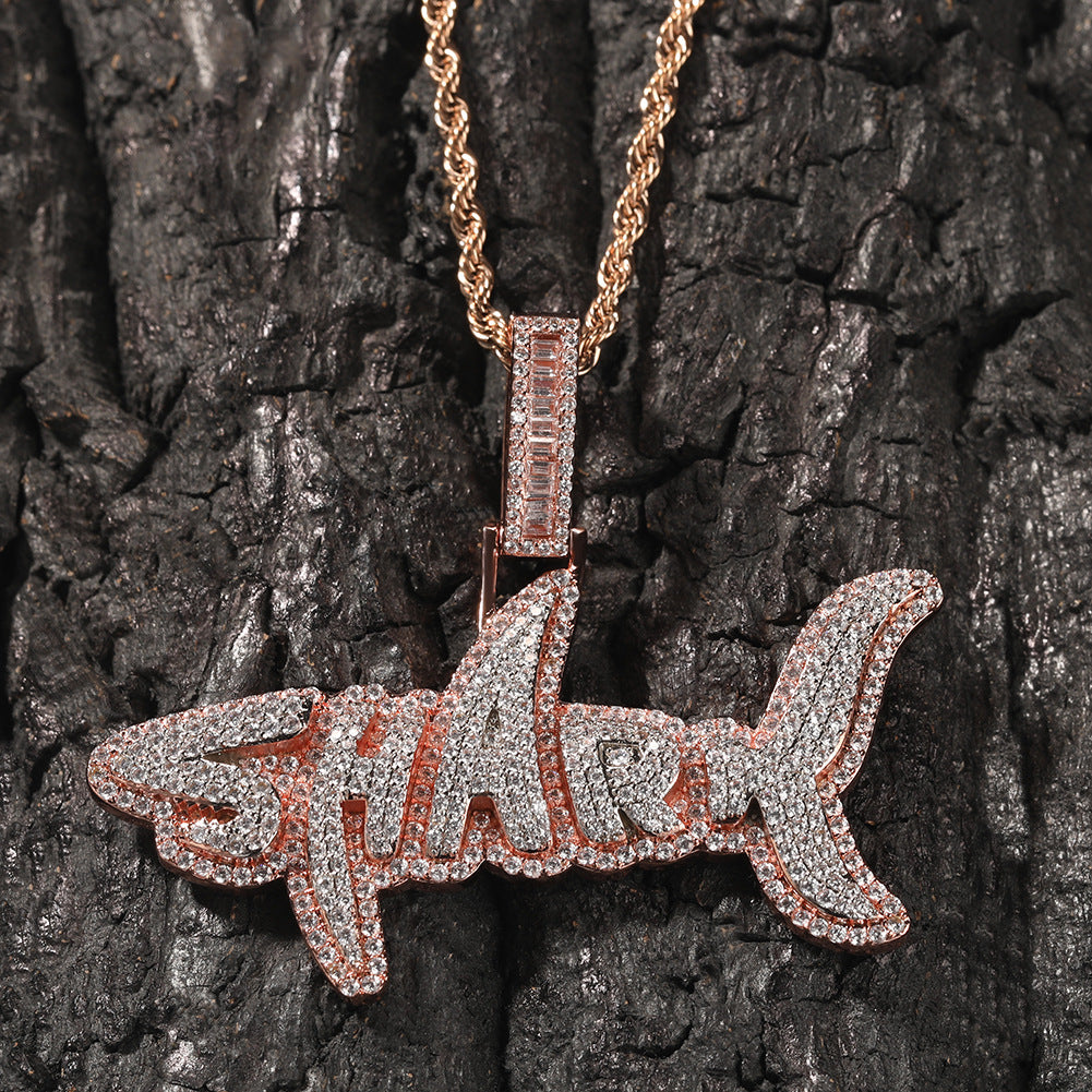 New two-color shark letter hip-hop necklace with zircon inlay for men's and women's fashionable, personalized and versatile pendant necklace