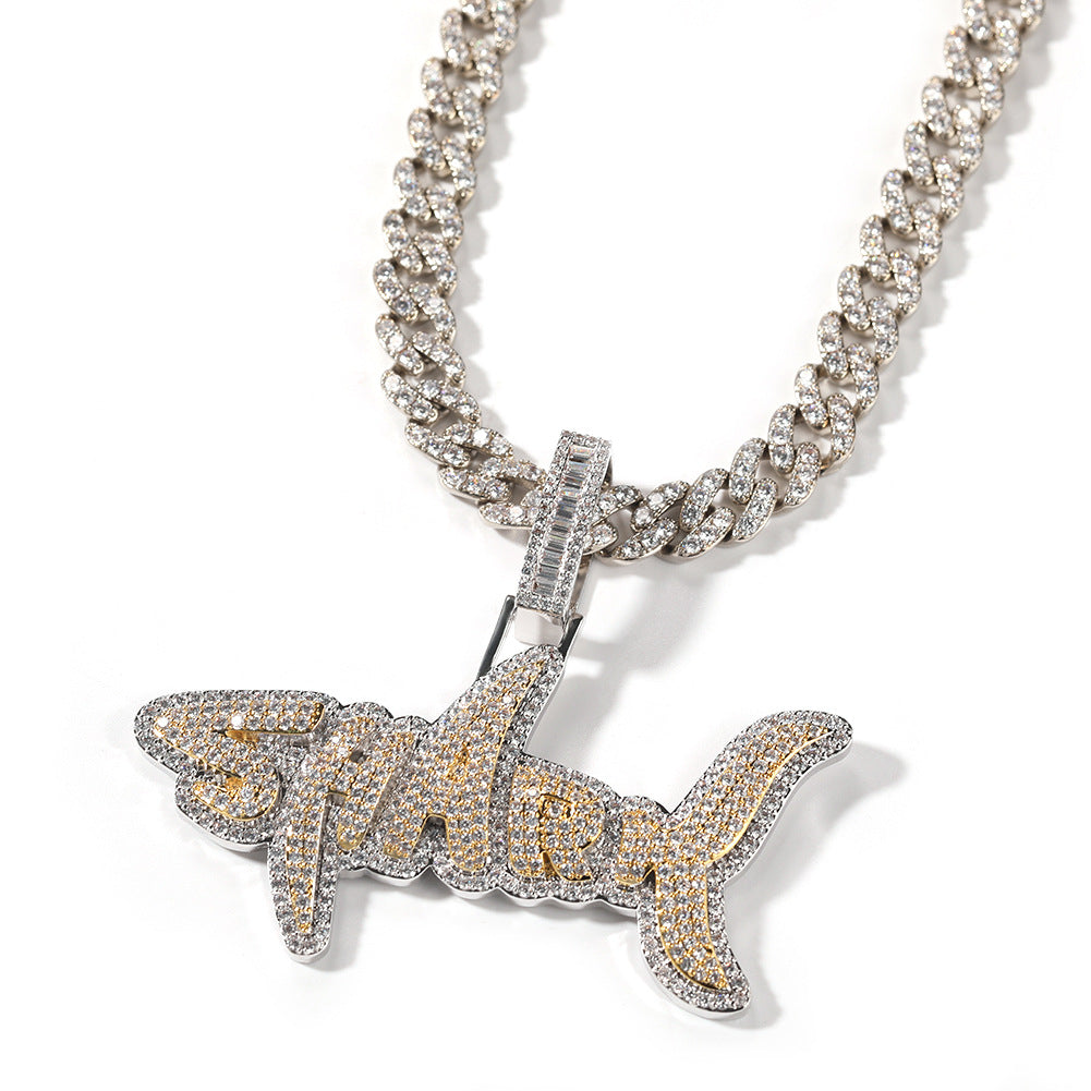 New two-color shark letter hip-hop necklace with zircon inlay for men's and women's fashionable, personalized and versatile pendant necklace